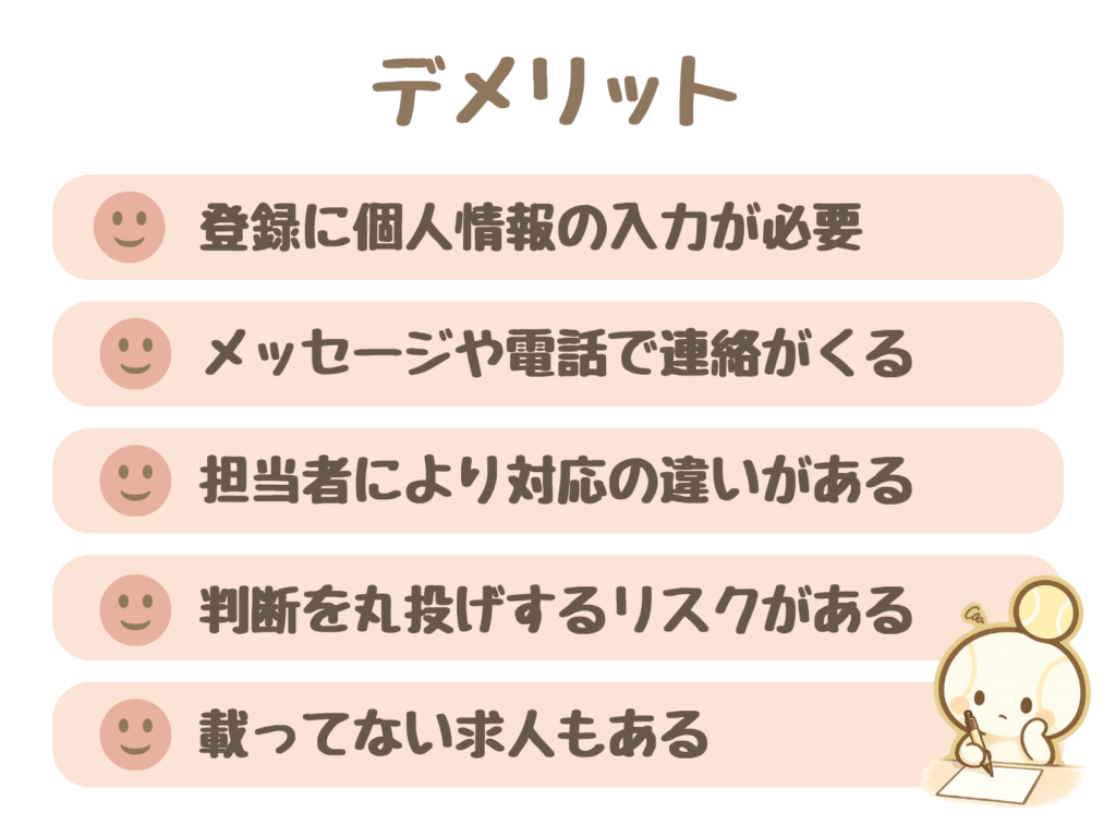 レバウェル看護のデメリット5つ:①登録に個人情報の入力が必要②メッセージや電話で連絡がくる③担当者により対応の違いがある④判断を丸投げするリスクがある⑤載ってない求人もある