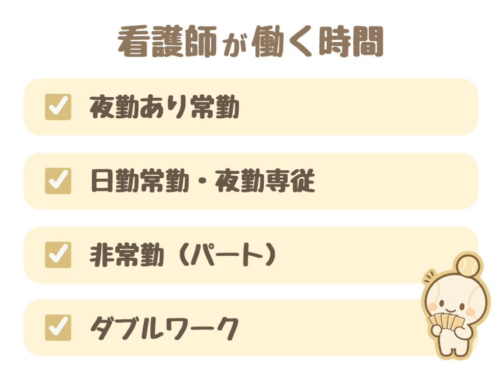 看護師が働く時間。夜勤あり常勤、日勤常勤・夜勤専従、非常勤（パート）、ダブルワーク